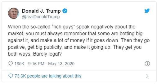ทวิตเตอร์ของทรัมป์เตือนบรรดาแมงเม่า อย่าหลงลมปากพวกเศรษฐีนักปั่นหุ้น