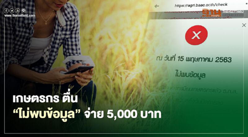 www.เยียวยาเกษตรกร.com เกษตรกร ตื่น "ไม่พบข้อมูล” จ่าย 5,000 บาท www.เยียวยาเกษตรกร.com เกษตรกร ตื่น "ไม่พบข้อมูล” จ่าย 5,000 บาท