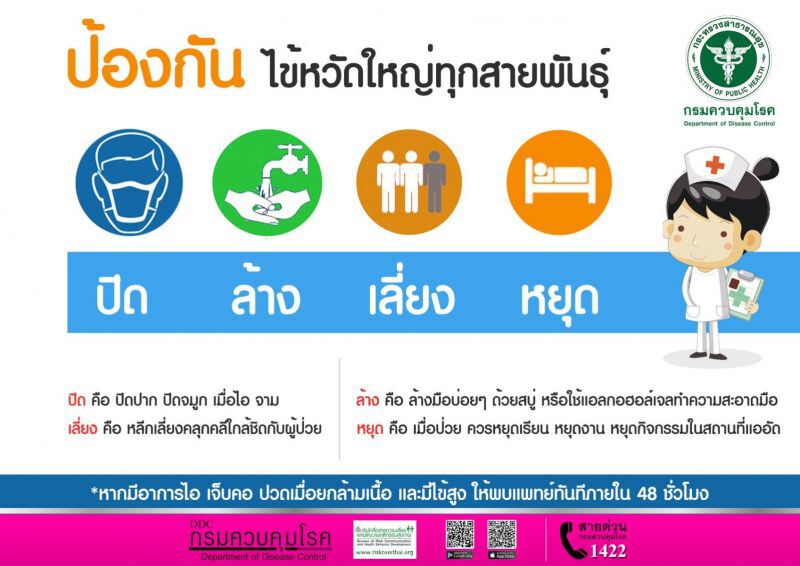 กรมควบคุมโรคแนะยึดหลัก“ปิด ล้าง เลี่ยง หยุด” เลี่ยงไข้หวัดใหญ่