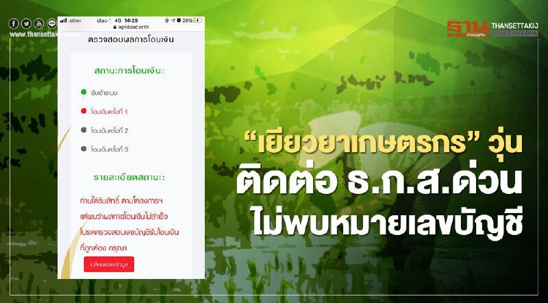 www.เยียวยาเกษตรกร.com ธ.ก.ส.โอนจ่าย "เยียวยาเกษตรกร" ไม่พบหมายเลขบัญชี ติดต่อด่วน 