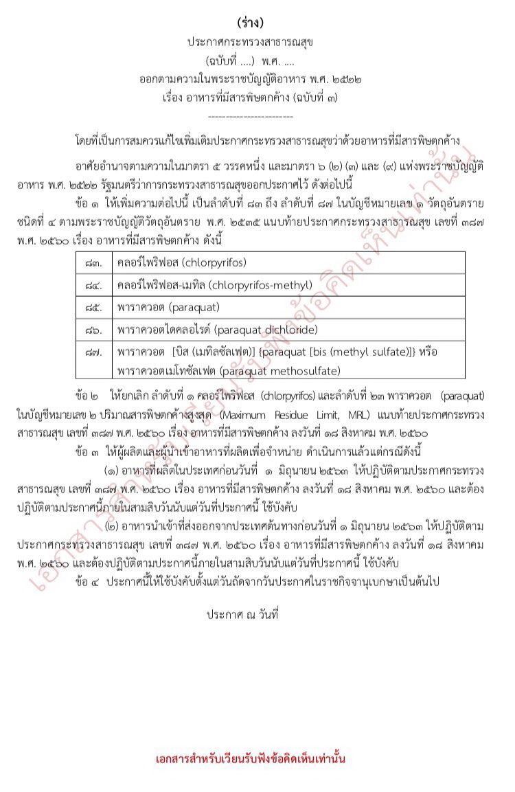 ค่าอาหารที่มีสารพิษตกค้าง หลังแบน 2 สาร  “พาราควอต-คลอร์ไพริฟอส”