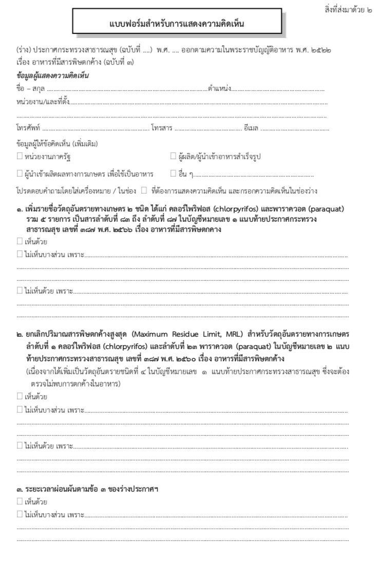 ค่าอาหารที่มีสารพิษตกค้าง หลังแบน 2 สาร  “พาราควอต-คลอร์ไพริฟอส”