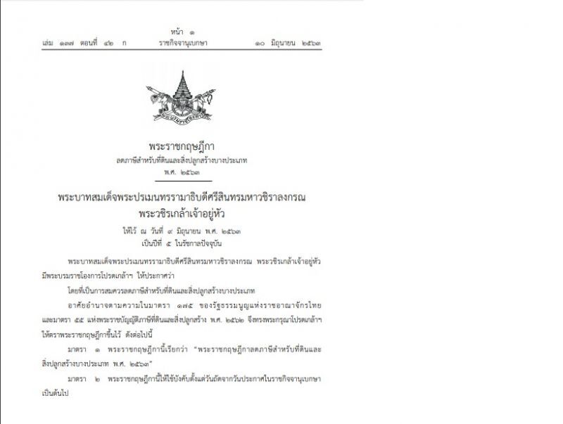 ประกาศแล้ว พรฎ.ลดภาษีที่ดิน 90%