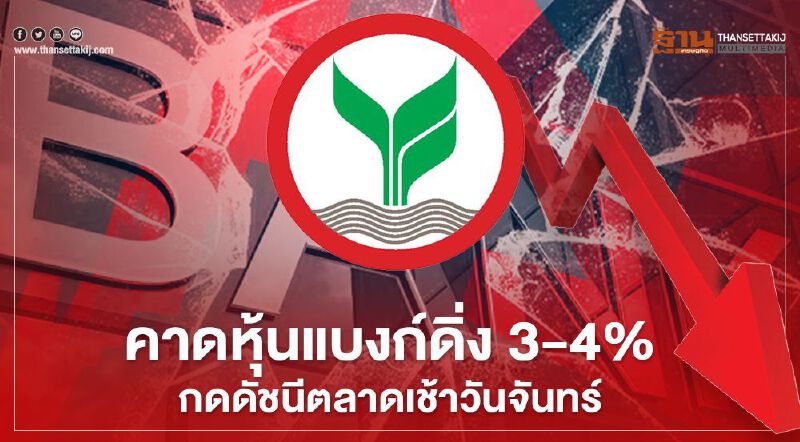 บล.กสิกรไทยคาดหุ้นแบงก์ดิ่ง 3-4% กดดัชนีตลาดเช้าวันจันทร์