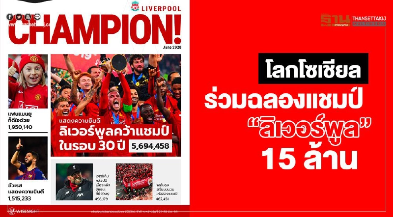 โลกโซเชียลร่วมฉลองแชมป์”ลิเวอร์พูล” 15 ล้าน โลกโซเชียลร่วมฉลองแชมป์”ลิเวอร์พูล” 15 ล้าน