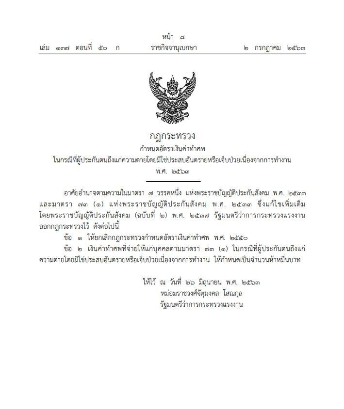 เพิ่มเงินค่าทำศพ ผู้ประกันตน "ประกันสังคม" เป็น 5 หมื่นบาท