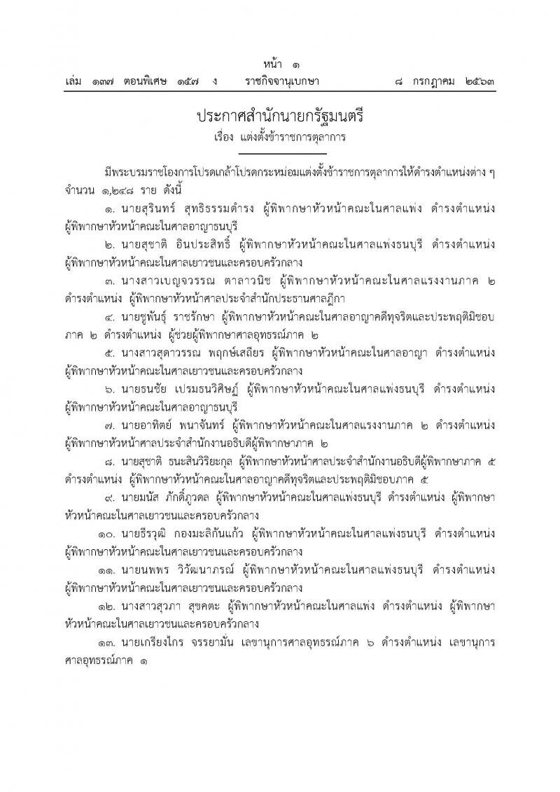 "พระบรมราชโองการ" โปรดเกล้าฯแต่งตั้งข้าราชการตุลาการ 1,248 ราย