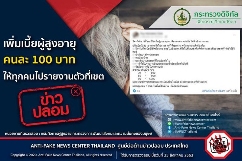 เตือนข่าวปลอม ! เพิ่มเบี้ยผู้สูงอายุ คนละ 100 บาท ให้ทุกคนไปรายงานตัวที่เขต