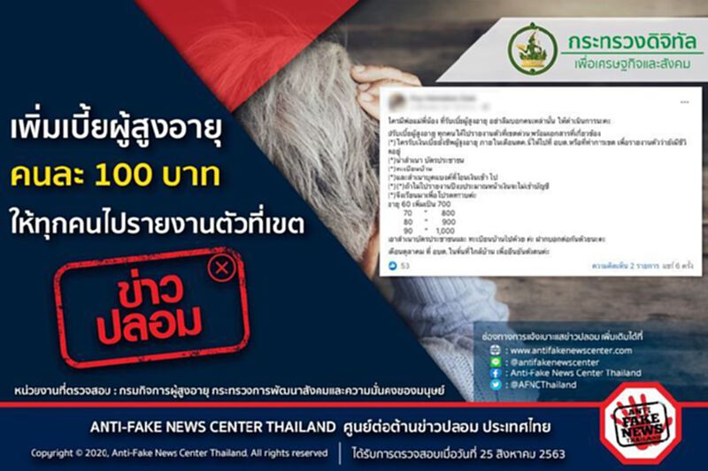 เตือนข่าวปลอม ! เพิ่มเบี้ยผู้สูงอายุ คนละ 100 บาท ให้ทุกคนไปรายงานตัวที่เขต เตือนข่าวปลอม ! เพิ่มเบี้ยผู้สูงอายุ คนละ 100 บาท ให้ทุกคนไปรายงานตัวที่เขต