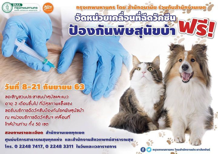 กทม.จัดบริการเคลื่อนที่ฉีดวัคซีนพิษสุนัขบ้าฟรีถึง 21 ก.ย.นี้