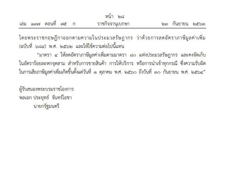 ประกาศแล้ว ขยายเวลาลดอัตราภาษีมูลค่าเพิ่มออกไปอีก 1 ปี