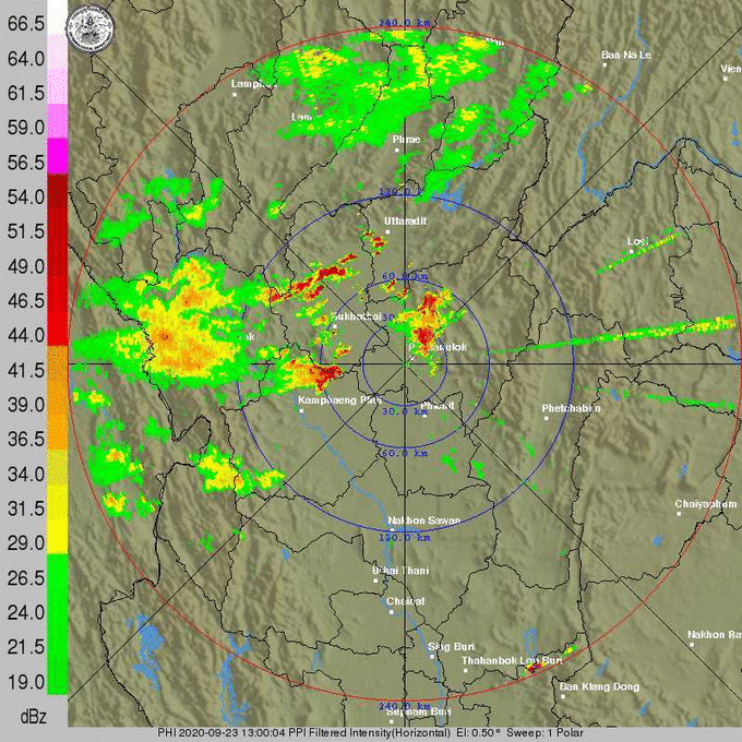 22.00 น. เรดาร์กกทม. ตรวจ พบกลุ่มฝนปานกลางถึงหนัก
