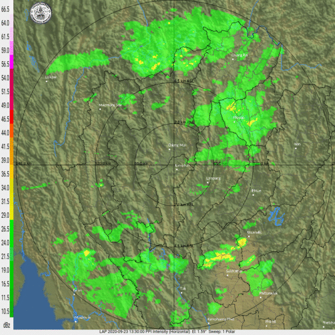 22.00 น. เรดาร์กกทม. ตรวจ พบกลุ่มฝนปานกลางถึงหนัก