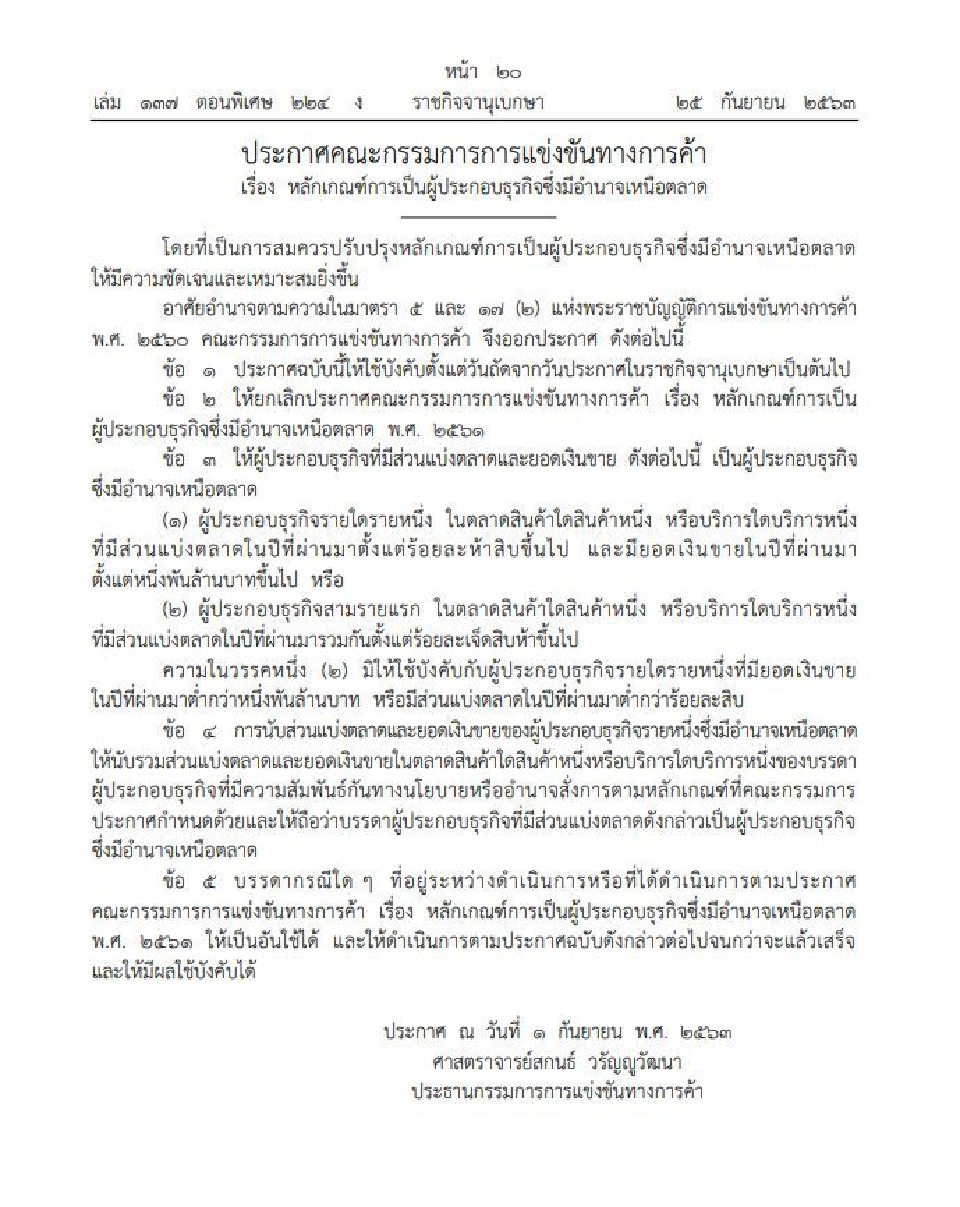 หลักเกณฑ์ใหม่ คุมธุรกิจผูกขาด มีอำนาจเหนือตลาด มีผลแล้ว