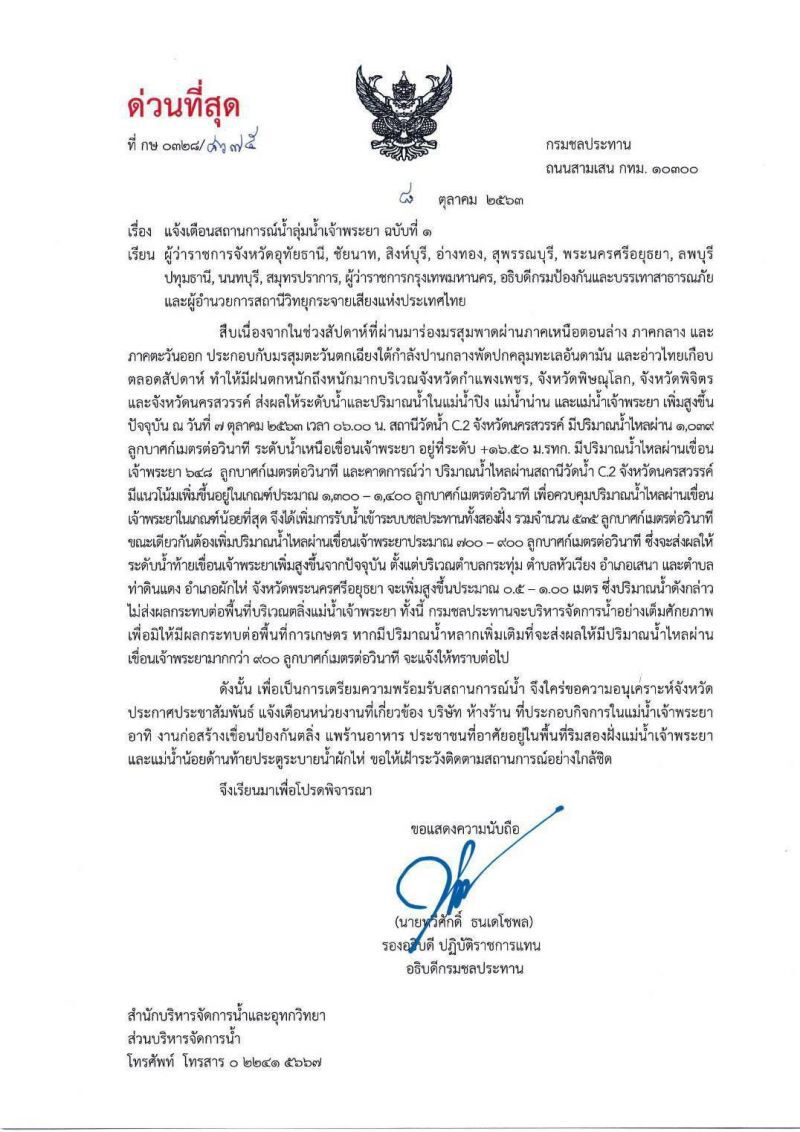 กรมชลฯเตือน 11  จังหวัด "ลุ่มเจ้าพระยา" ติดตามสถานการณ์น้ำ