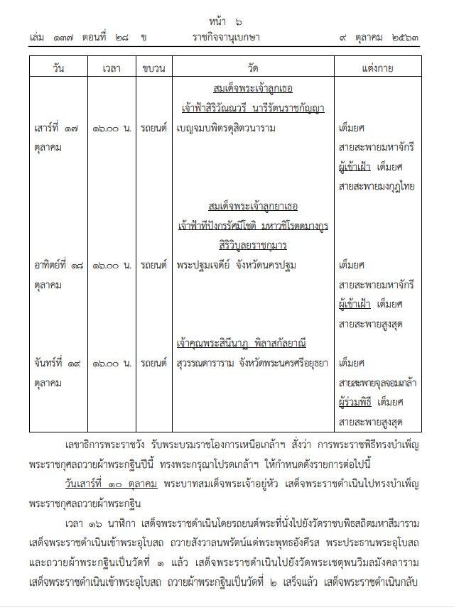  หมายกำหนดการพระราชพิธีทรงบำเพ็ญพระราชกุศลถวายผ้าพระกฐิน