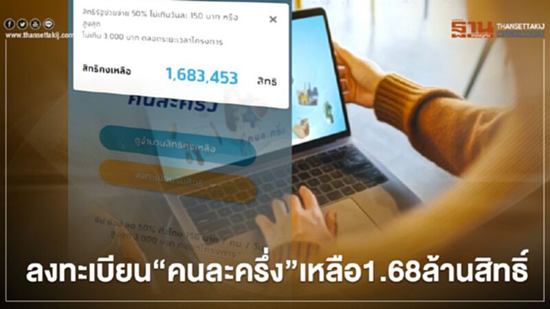 ลงทะเบียน"คนละครึ่ง"เหลือ 1.68 ล้านสิทธิ์ ลงทะเบียน"คนละครึ่ง"เหลือ 1.68 ล้านสิทธิ์