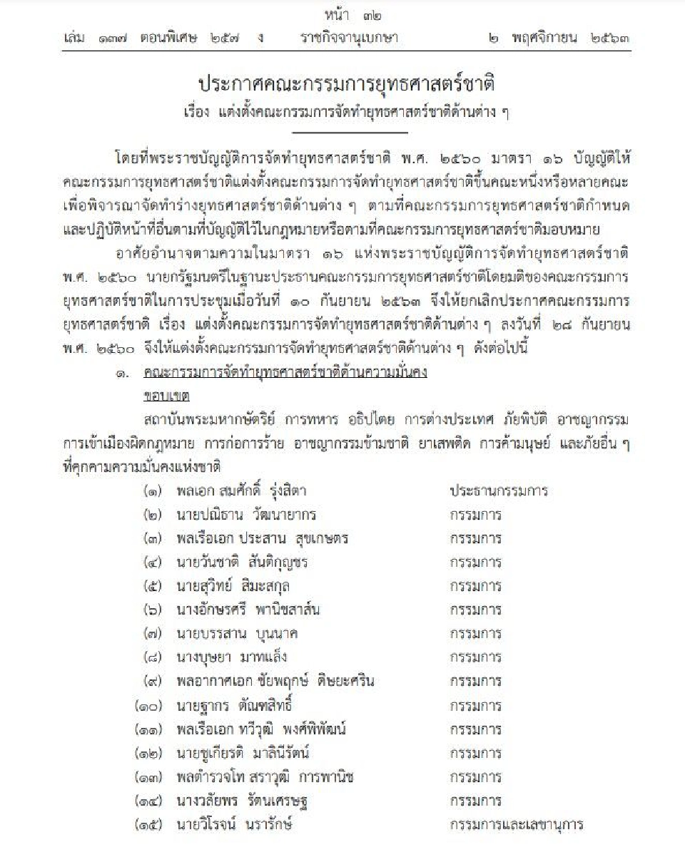 ประกาศแต่งตั้งคณะกรรมการจัดทำยุทธศาสตร์ชาติ 6 ด้าน