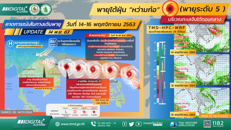 อัพเดทเส้นทาง"พายุไต้ฝุ่นหว่ามก๋อ" 14-16 พ.ย. 