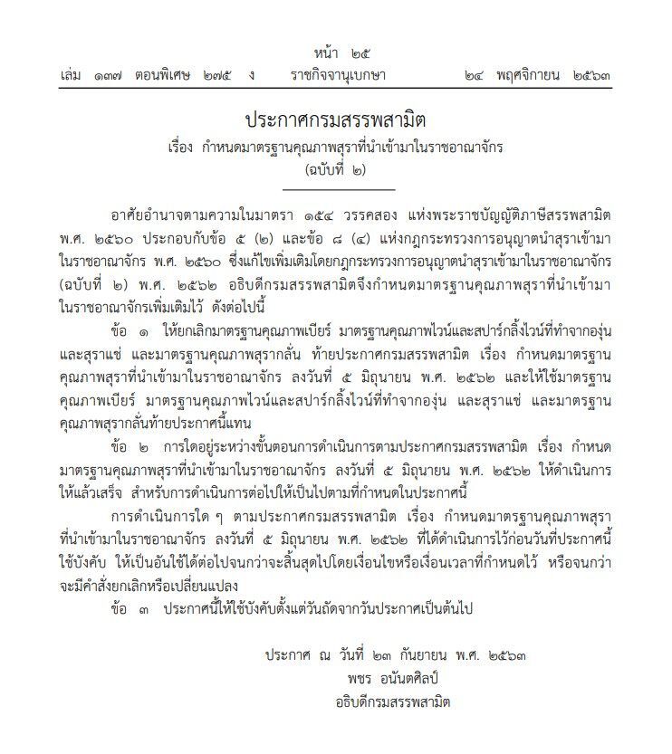 ประกาศ“มาตรฐานคุณภาพสุรา”ที่นําเข้ามาในราชอาณาจักร
