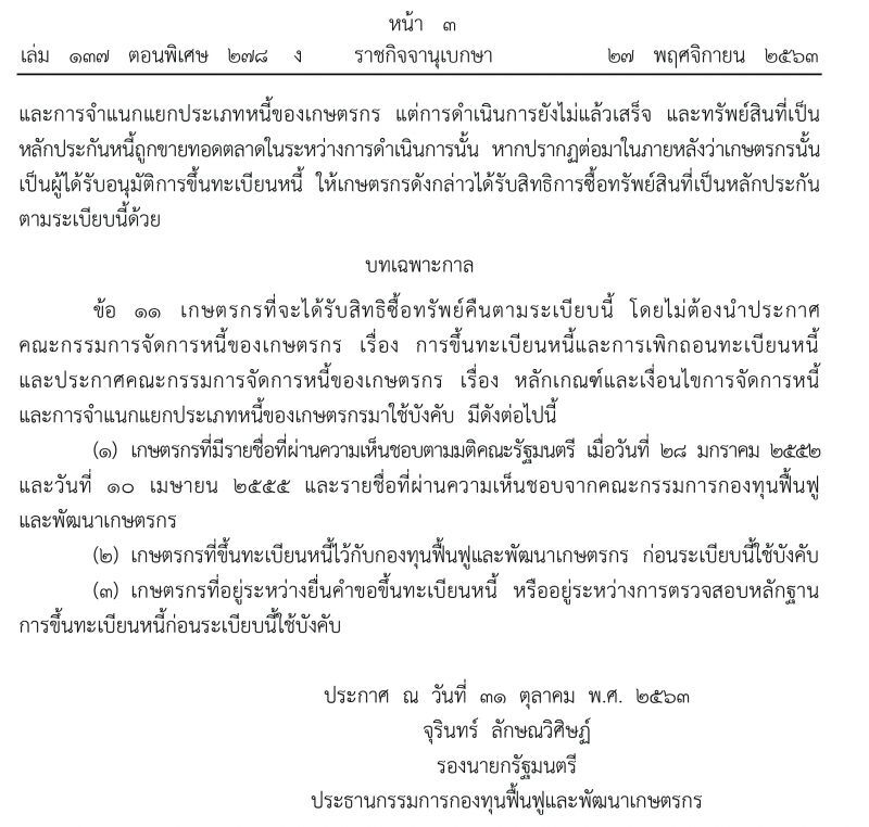 ราชกิจจาฯประกาศหลักเกณฑ์จัดการทรัพย์สินเกษตรกรเพื่อชำระหนี้ 