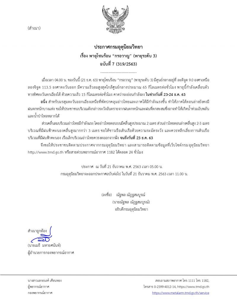 อุตุฯประกาศฉบับ 7 พายุโซนร้อน“กรอวาญ คาดอ่อนกำลังลง 23-24 ธ.ค.