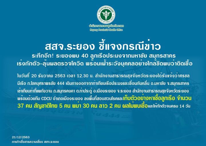 ยัน"ระยอง"ยังไม่มีผู้ติดเชื้อรอบใหม่