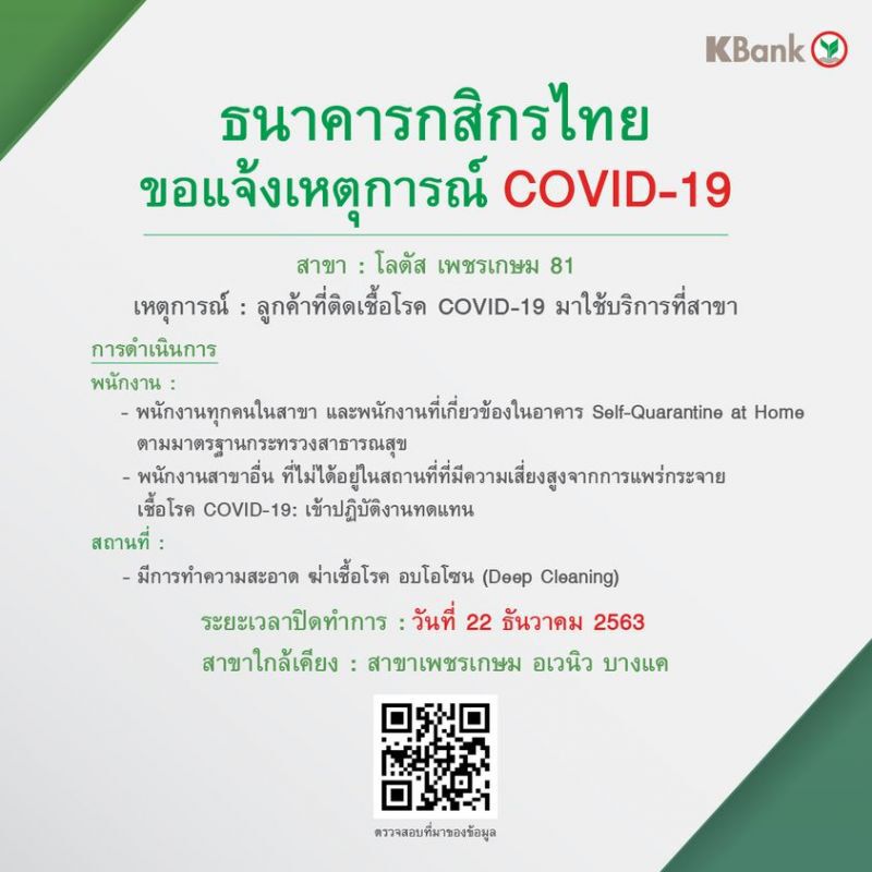กสิกรแจ้งเปิดสาขาโลตัส เพชรเกษม 81วันที่ 23 ธ.ค.นี้