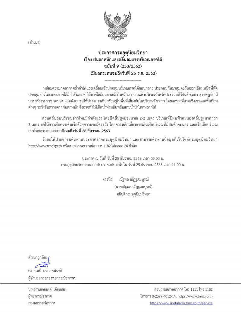 ประกาศกรมอุตุฯฉบับ 9 เตือน 6 จังหวัดภาคใต้ ฝนตกหนักถึงหนักมาก
