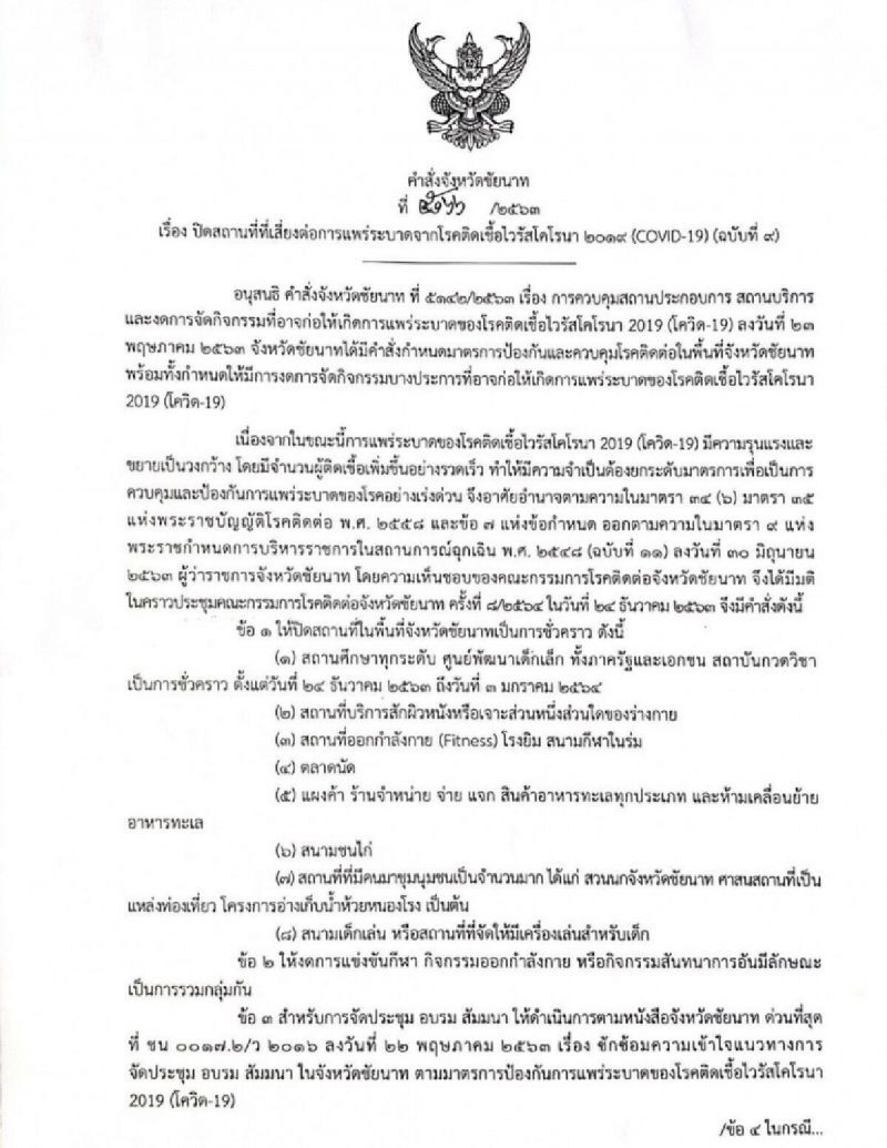 ผู้ว่าฯชัยนาท สั่งปิดสถานที่เสี่ยงติดเชื้อโควิด  สวนนก ตลาดนัด โรงเรียนทั้งจังหวัด 