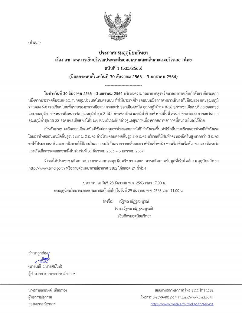 ประกาศ​กรมอุตุ​นิยม​วิทยา​ฉบับ​ที่​1 ไทยตอนบนอากาศ​หนาว​อุณหภูมิ​ลด-ใต้คลื่น​ลมแรง​