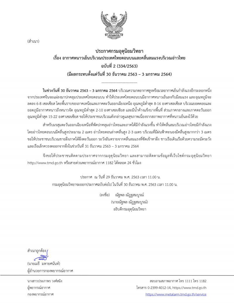 ประกาศกรมอุตุฯฉบับที่ 2 ไทยตอนบนอากาศหนาวเย็น อุณหภูมิจะลดลง 6-8 องศา