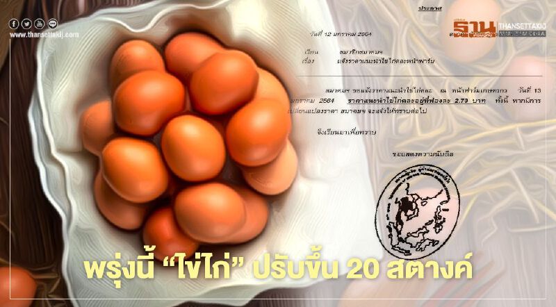พรุ่งนี้ “ไข่ไก่” ปรับขึ้น 20 สตางค์ พรุ่งนี้ “ไข่ไก่” ปรับขึ้น 20 สตางค์