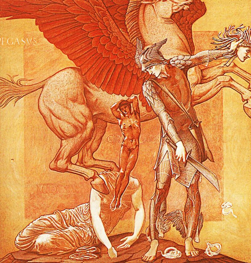 รูปจำลองสถานการณ์เปอเซอุสตัดหัวนางเมดูซ่า มีเศษผมเปนงูร่วงอยู่และเทวกำเนิดของม้าปีกแสดงด้วยรูปคนหนุ่ม