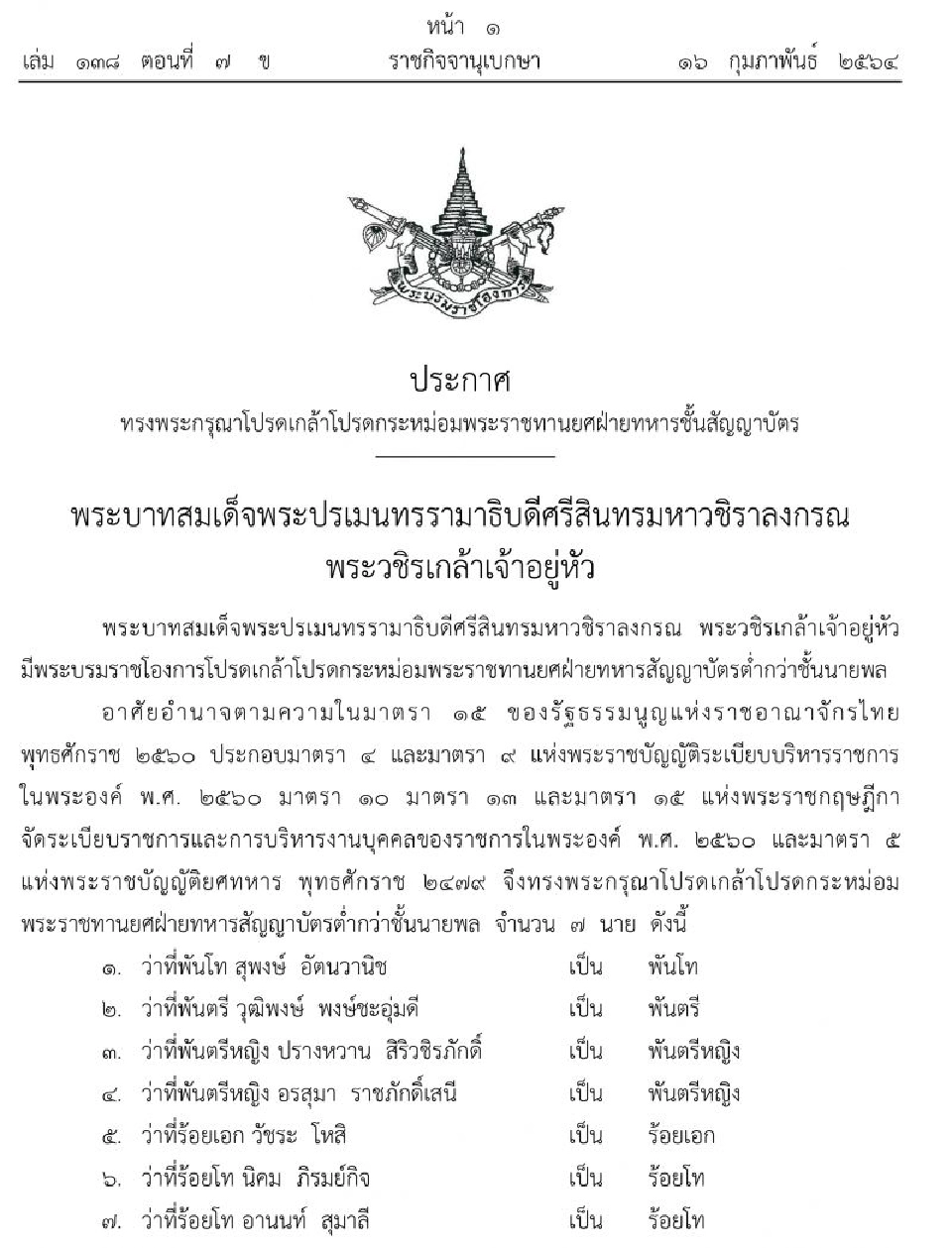 พระราชทานยศฝ่ายทหารชั้นสัญญาบัตร 