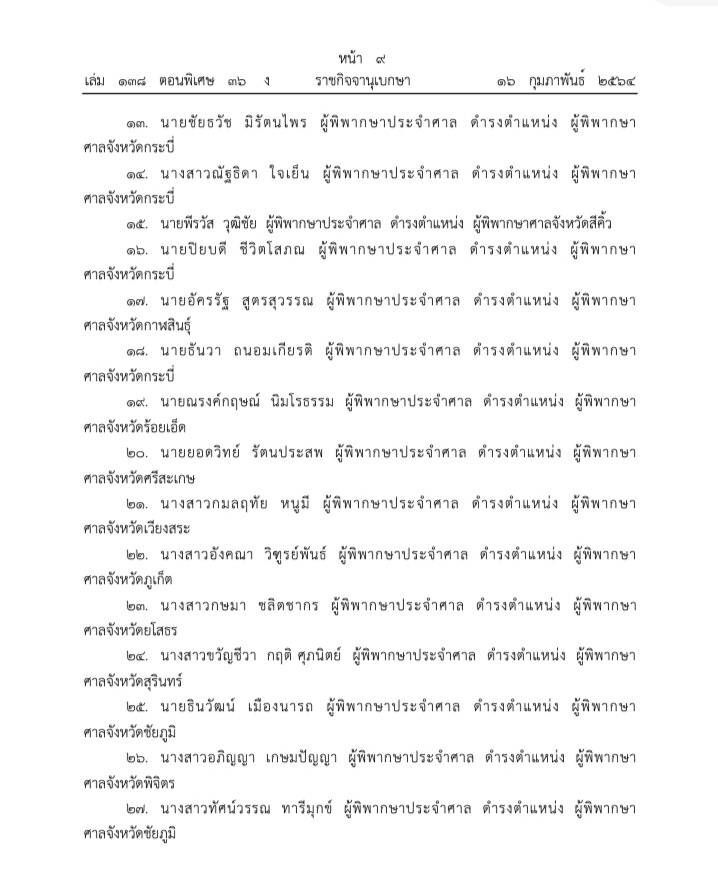 โปรดเกล้าตั้งผู้พิพากษา103ราย “ผู้พิพากษาจังหวัด”เพียบ