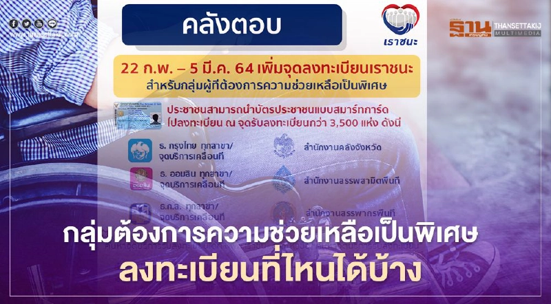 ลงทะเบียน"เราชนะ" กลุ่มต้องการความช่วยเหลือเป็นพิเศษ ลงทะเบียนที่ไหนได้บ้าง อัพเดทล่าสุด ลงทะเบียน"เราชนะ" กลุ่มต้องการความช่วยเหลือเป็นพิเศษ ลงทะเบียนที่ไหนได้บ้าง อัพเดทล่าสุด