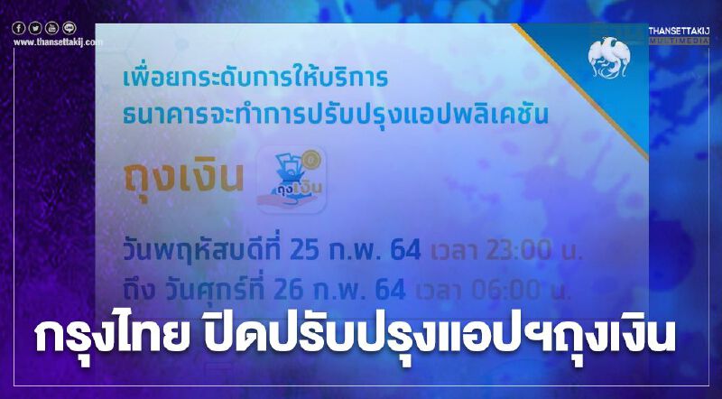 กรุงไทยปิดปรับปรุงแอปฯ"ถุงเงิน"คืนนี้ กรุงไทยปิดปรับปรุงแอปฯ"ถุงเงิน"คืนนี้