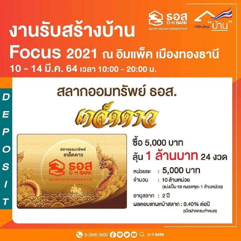 ธอส.จัดสินเชื่อบ้านอัตราดอกเบี้ยพิเศษปีแรก 2.60% ต่อปี ในงาน“รับสร้างบ้าน Focus 2021" 