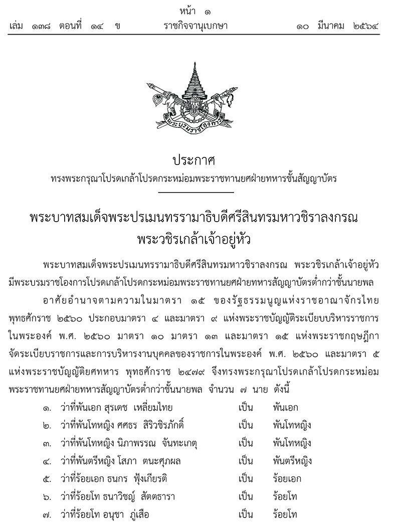 โปรดเกล้าฯ พระราชทานยศฝ่ายทหารชั้นสัญญาบัตร 