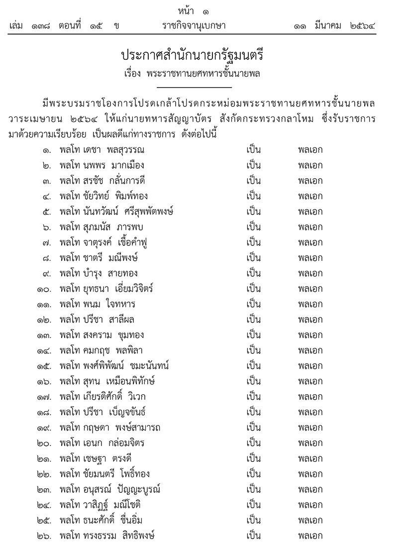 โปรดเกล้าฯพระราชทานยศทหารชั้นนายพล 173 ราย  