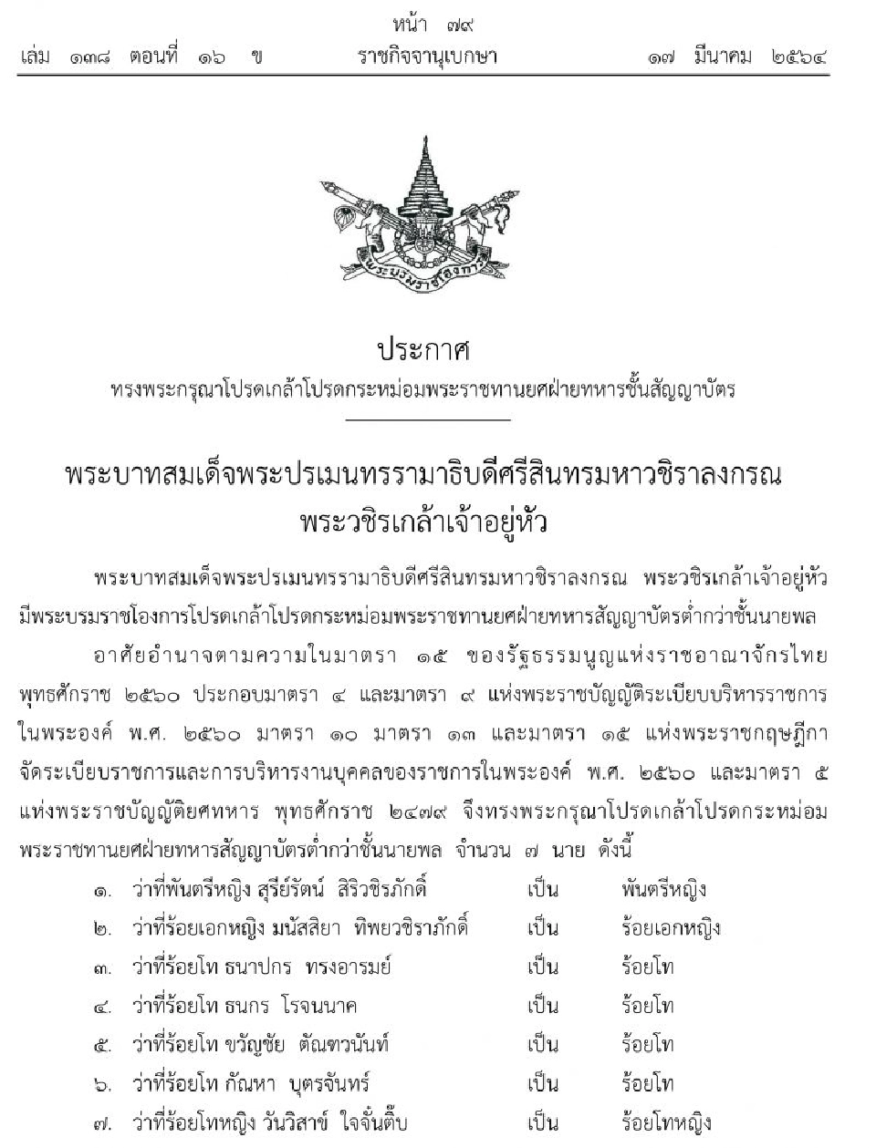 พระราชทานยศฝ่ายทหารชั้นสัญญาบัตร