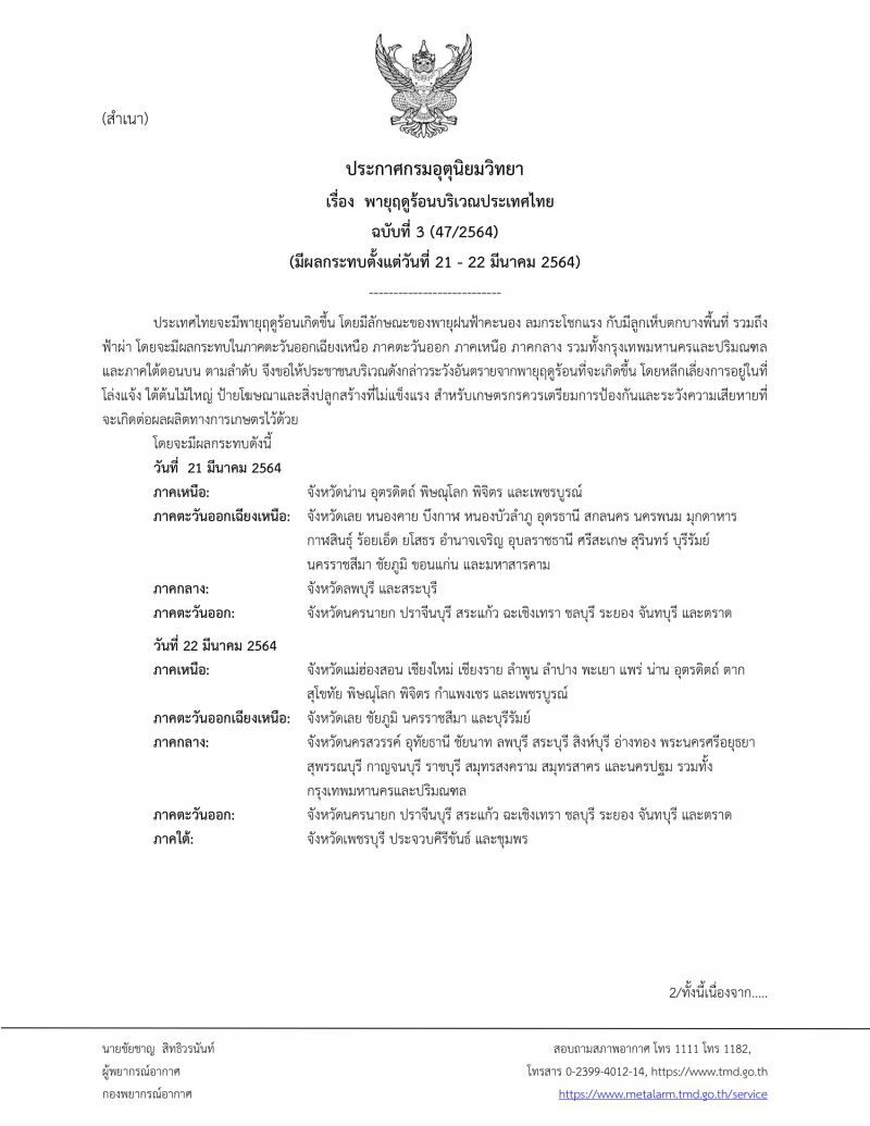กรมอุตุนิยมวิทยา ประกาศเตือนฉบับ 3 พายุฤดูร้อน 21-22 มี.ค.