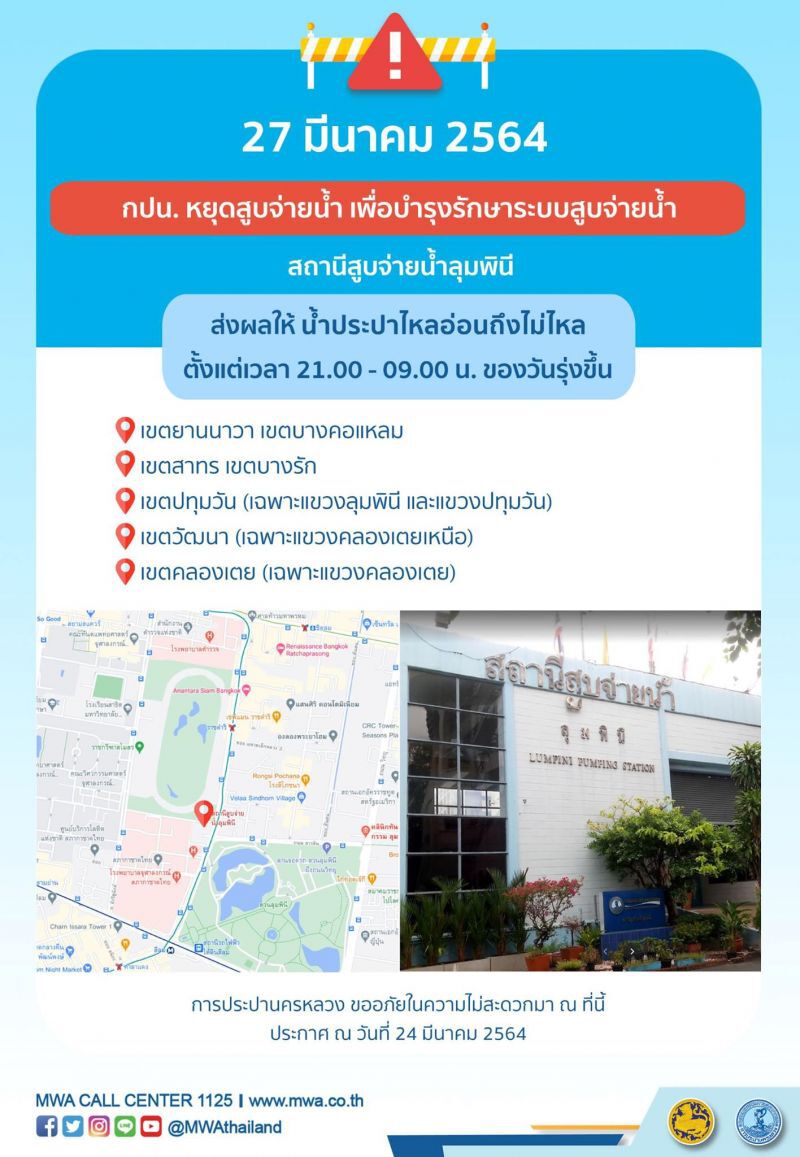 เช็กที่นี่ 7 เขตเมืองกรุงฯ สามทุ่มคืนนี้ น้ำประปาไม่ไหล