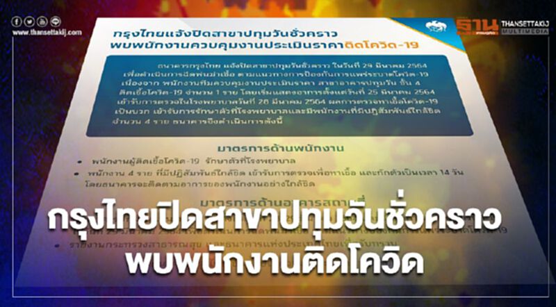 กรุงไทยแจ้งปิดสาขาปทุมวันชั่วคราว หลังพบพนักงานติดโควิด-19 กรุงไทยแจ้งปิดสาขาปทุมวันชั่วคราว หลังพบพนักงานติดโควิด-19