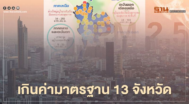 ค่าฝุ่น PM2.5 เช้านี้ พบเกินค่ามาตรฐานในภาคเหนือ-อีสาน 13 จังหวัด ค่าฝุ่น PM2.5 เช้านี้ พบเกินค่ามาตรฐานในภาคเหนือ-อีสาน 13 จังหวัด
