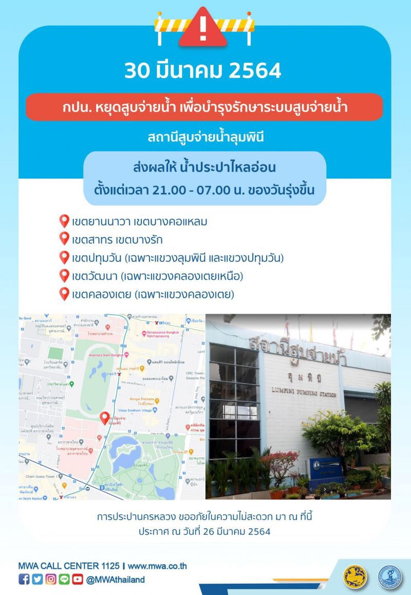 คืนวันที่ 30 มี.ค. น้ำประปาไม่ไหล -ไหลอ่อน หลายเขตใจกลางกรุง