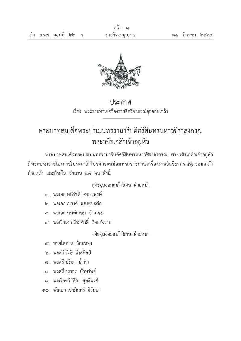 โปรดเกล้าฯ พระราชทานเครื่องราชอิสริยาภรณ์จุลจอมเกล้า จำนวน 47 ราย