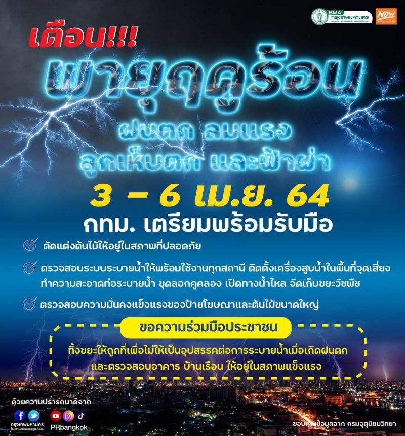 กทม.เตรียมรับมือพายุฤดูร้อน 3-6 เม.ย.นี้