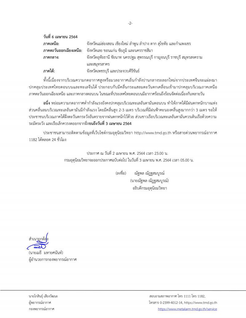 ประกาศ​กรมอุตุ​นิยม​วิทยา​ฉบับ​ที่​6เรื่องพายุฤดูร้อนกระทบไทย3-6เม.ย.64